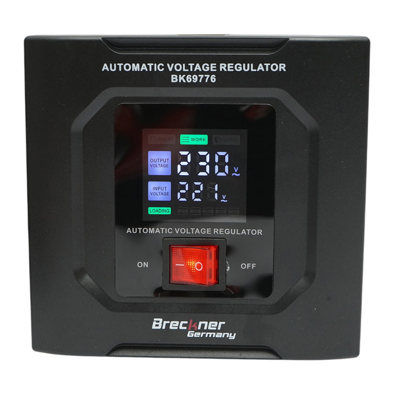 Stabilizzatore di tensione automatico 1000VA, 600W, 140-250VAC, monofase a relè, 1 presa Schuko 230V, display LCD Breckner Germany