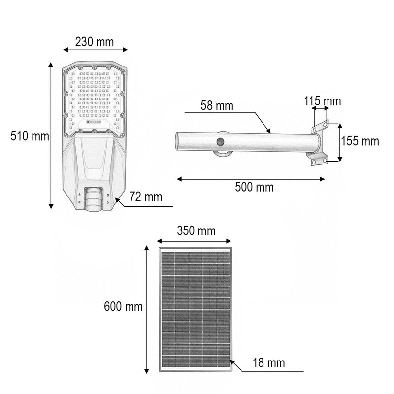 Lampione stradale a LED da 300 W, 6500 K, con pannello solare da 40 W, batteria LiFePO4 da 45.000 mAh, telecomando e staffa di montaggio. Breckner Germany