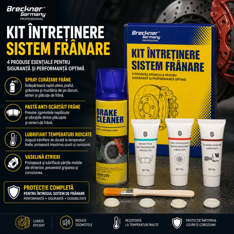 Kit manutenzione sistema frenante con spray pulitore freni, pasta antigrippante, lubrificante per alte temperature e grasso per pinze freno. Breckner Germany