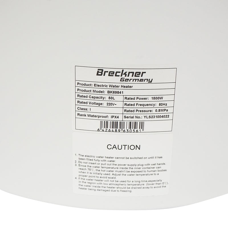 Scaldacqua elettrico da 50 l, 1500 W, IPX4, 390x646 mm, installazione verticale, per acqua calda sanitaria. Breckner Germany