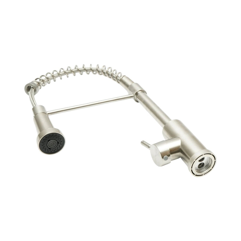 Rubinetto per lavello cucina con doccetta estraibile, molla flessibile, aeratore a due funzioni, finitura in acciaio inox satinato, lega di zinco, tubi di collegamento inclusi.