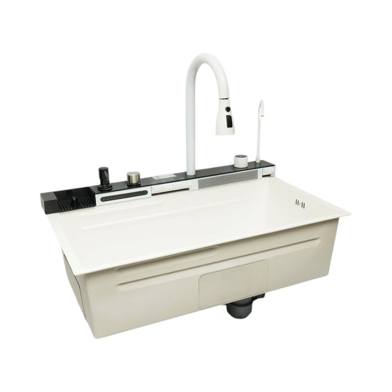 Lavello da cucina multifunzionale in acciaio inox con finitura PVD bianco opaco, dotato di due rubinetti, display digitale della temperatura, doppia bocca a cascata,  e accessori inclusi (75x46x22 cm).