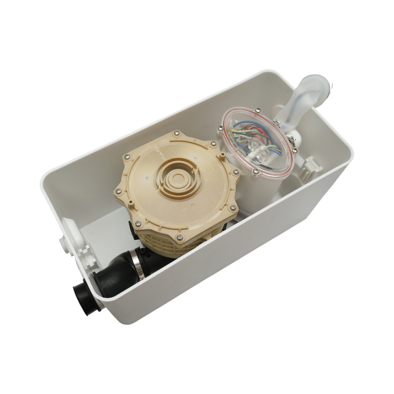 Pompa trituratrice per acque reflue da 550 W, 220 V; portata 8.400 l/h; prevalenza 9 m; portata orizzontale 90 m; grado di protezione IP44.