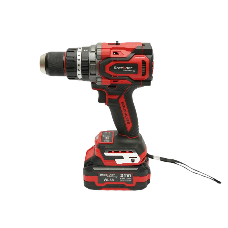 Trapano avvitatore a percussione brushless da 1000 W, due batterie agli ioni di litio da 21 V e 4 Ah, LED, 180 Nm, mandrino da 13 mm, 0-500/2000 giri/min, impugnatura antivibrazione Breckner Germany