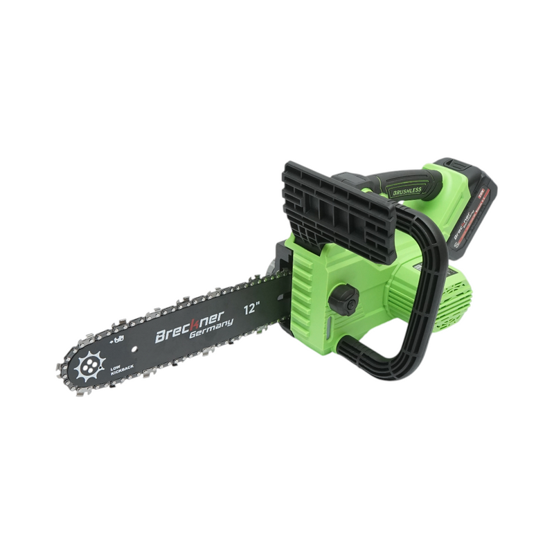 Motosega elettrica professionale con due batterie agli ioni di litio da 20 V e 4 Ah, motore brushless, display digitale a LED e barra da 12 pollici (300 mm). Breckner Germany