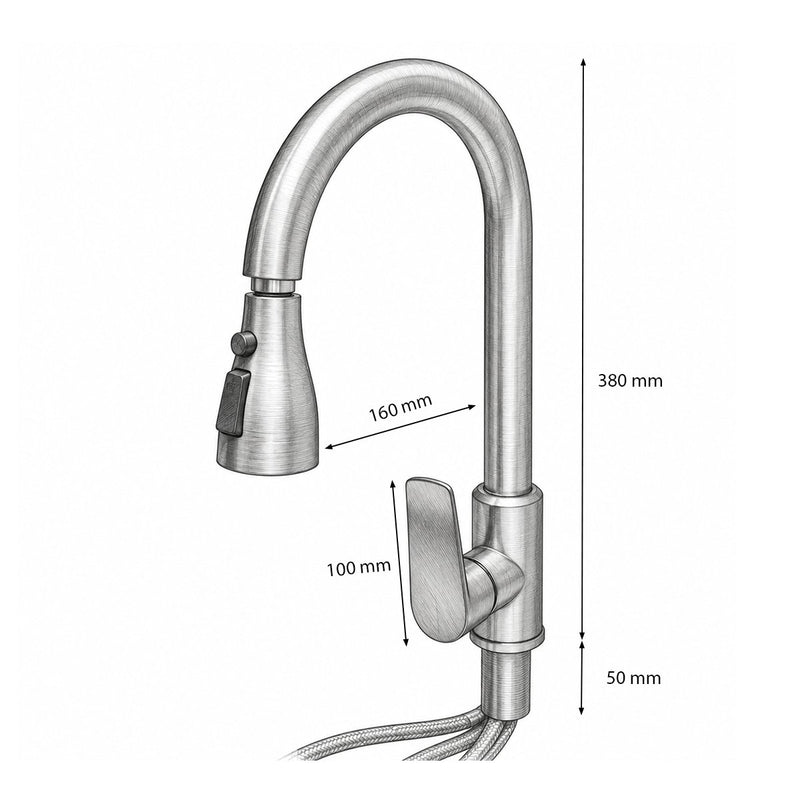 Rubinetto premium in rame per lavello da cucina con doccetta estraibile a 3 funzioni, monocomando, finitura grigio grafite satinato, flessibili inclusi