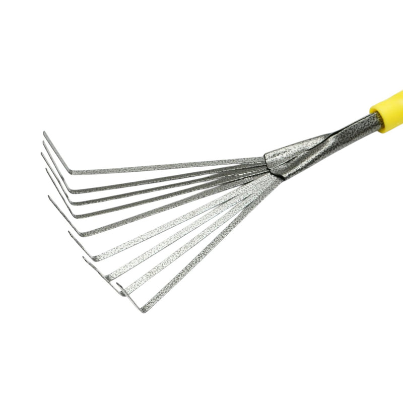 Rastrello a ventaglio da giardino Crownman 145x350 mm con 9 denti flessibili in acciaio al carbonio e impugnatura ergonomica in PP.