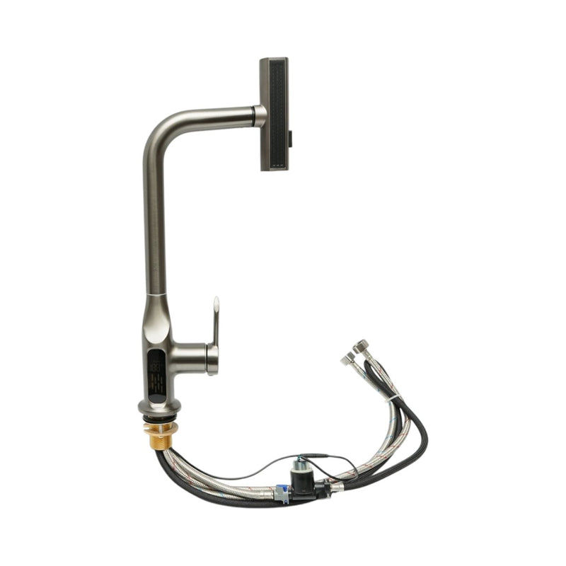 Rubinetto per lavello cucina con doccetta estraibile a effetto cascata, 2 modalità di flusso, display digitale della temperatura, bocca girevole a 360°, comando monocomando, finitura grigio grafite satinato, acciaio inox, tubi flessibili inclusi.