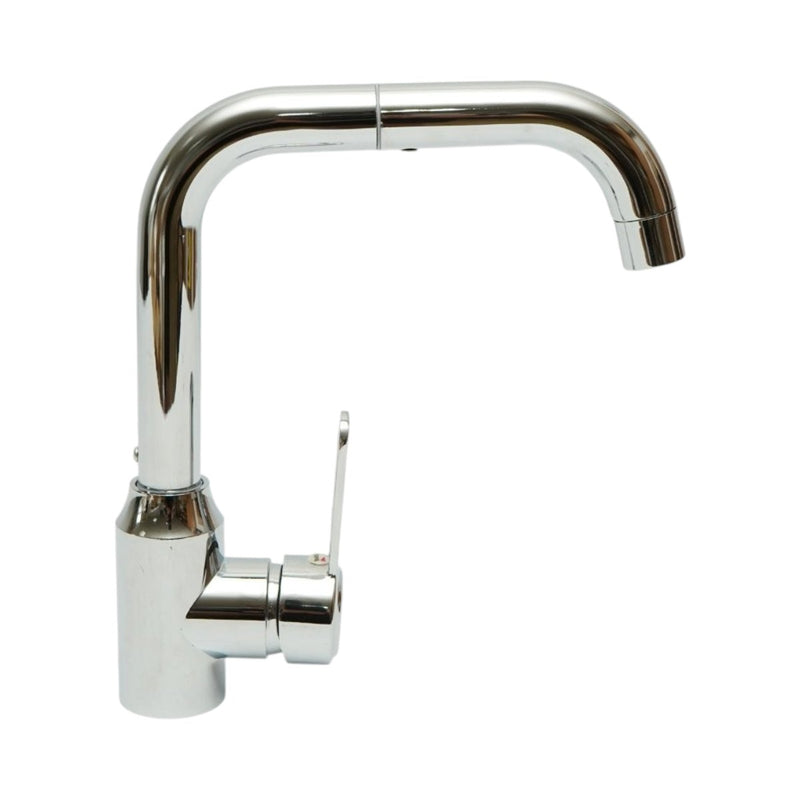 Miscelatore per lavello cucina con canna a U girevole a 360°, monocomando, finitura cromata lucida, acciaio inox, flessibili inclusi