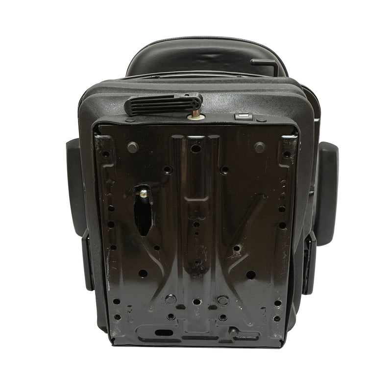 Sedile universale con sospensione pneumatica, regolabile in altezza e in base al peso (50–140 kg), con braccioli e schienale ribaltabile 50–90° per trattori, macchine agricole, mezzi industriali e carrelli elevatori.