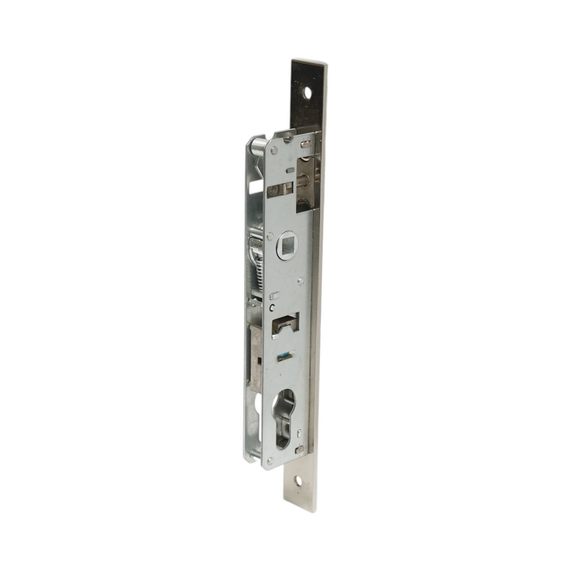 Serratura da infilare con scrocco, scatola 34x174 mm, frontale 23x240 mm, finitura nichel satinato, viti incluse.