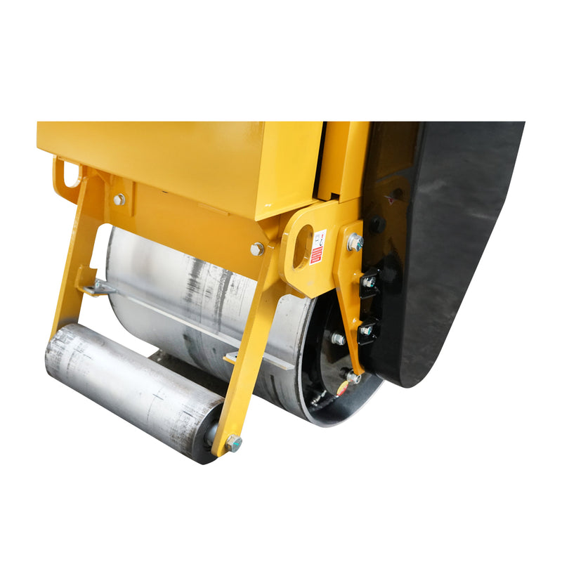 Rullo compattatore da 200 kg con tamburi da 450 mm e motore a benzina Honda GX160 da 5,5 CV, avviamento manuale.