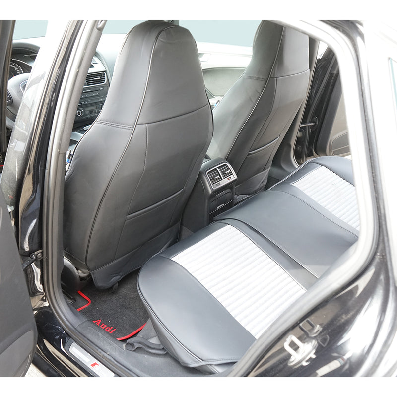 Set coprisedili universali premium nero-grigio per auto, design ergonomico sportivo, pelle ecologica con inserti tessili, 11 pezzi