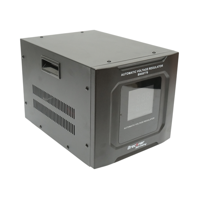 Stabilizzatore di tensione automatico da 5000 VA / 3000 W, 140-250 V CA, con relè monofase, bypass, connessione a morsettiera e display LCD. Breckner Germany