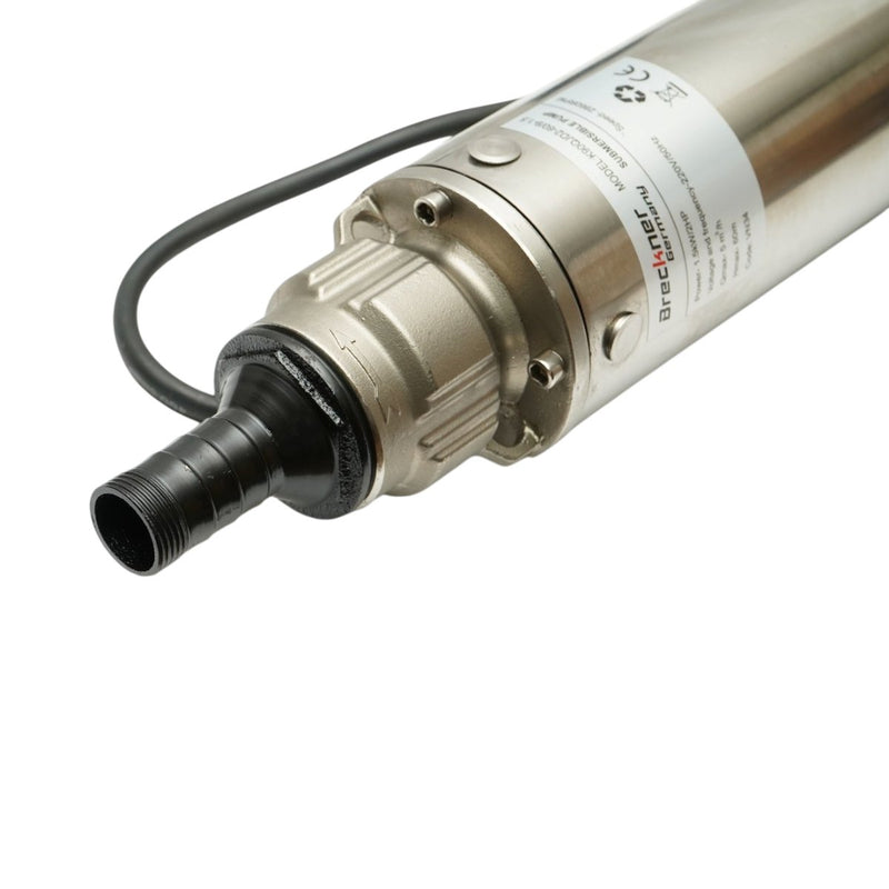 Pompa sommersa per acqua in acciaio inox, 1,5 kW, 220 V, Ø100 mm, portata 5 m³/h, prevalenza 60 m, 9 giranti in ceramica, raffreddamento a olio, quadro di controllo K90QJD2-60/9-1.5 Breckner Germany