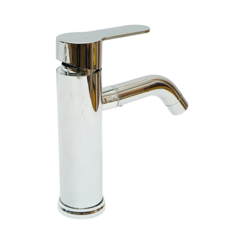 Miscelatore alto e rotondo per lavabo, monocomando, finitura cromata lucida, acciaio inossidabile, flessibili inclusi