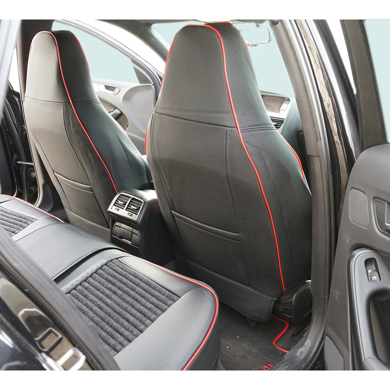Set coprisedili auto universali premium nero-rosso, design ergonomico sportivo, pelle ecologica con inserti tessili, 11 pezzi
