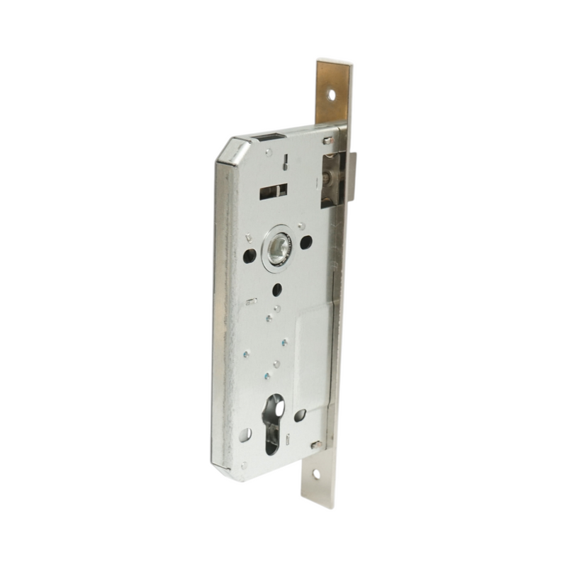 Serratura da infilare con scrocco, 73x177 mm; frontale 23x240 mm; finitura nichel satinato; viti incluse.