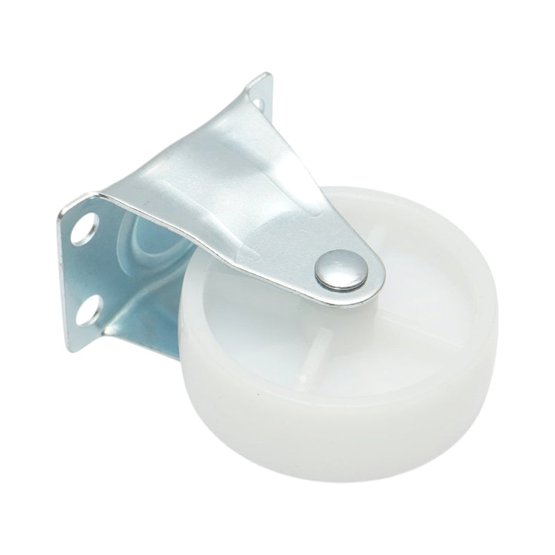 Ruota fissa 73x25 mm senza freno, in polipropilene bianco, piastra in acciaio 70x44 mm, portata 45 kg