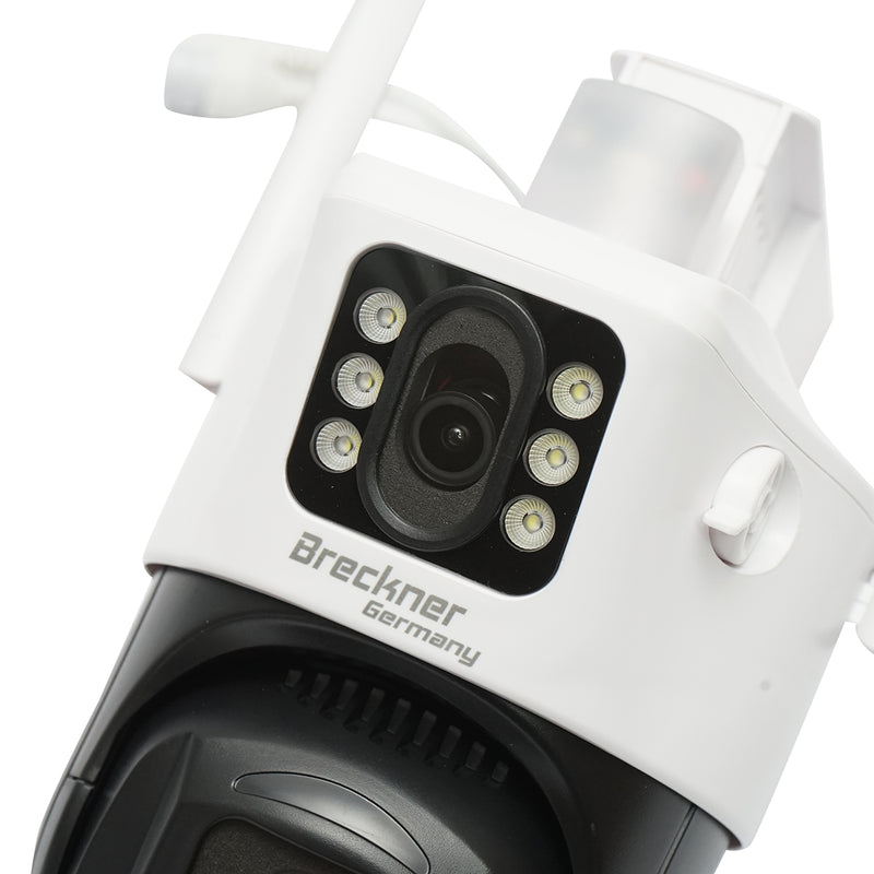 Telecamera di sorveglianza a doppia lente da 6 MP, Wi-Fi P2P, rotazione PTZ a 360° con sensore di movimento, sirena, rilevamento umano, supporto per Google Assistant e app iCSee.